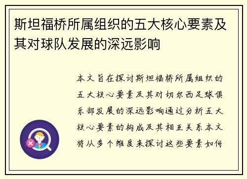 斯坦福桥所属组织的五大核心要素及其对球队发展的深远影响