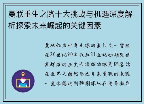 曼联重生之路十大挑战与机遇深度解析探索未来崛起的关键因素