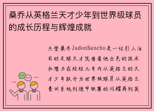 桑乔从英格兰天才少年到世界级球员的成长历程与辉煌成就
